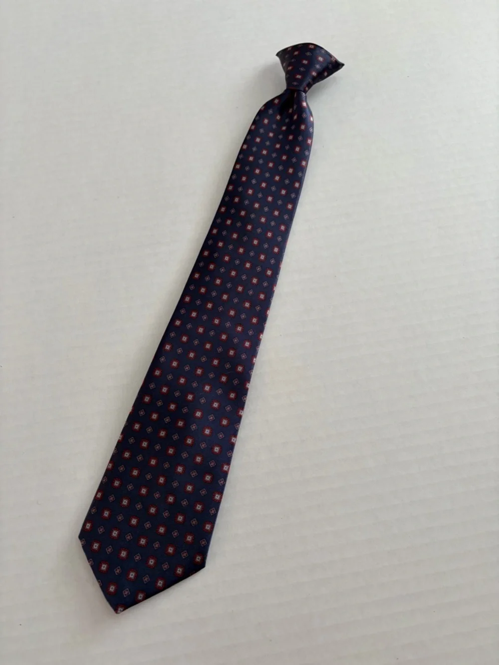 Vintage Ketch Silk Tie – Navy Blue Red Geometric Pattern